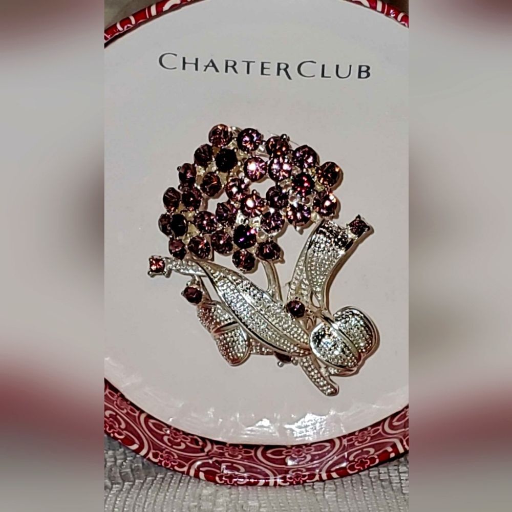Vintage Charter Club Pink and Silver Floral Brooch with Gemstones